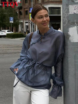 Véloria™ | Blouse Coupe Fluide Bleu – Chic & Confort